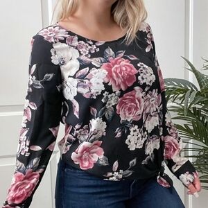 Socialite 🌸 Black & Pink Cream Floral Long Sleeve Knot Front Blouse